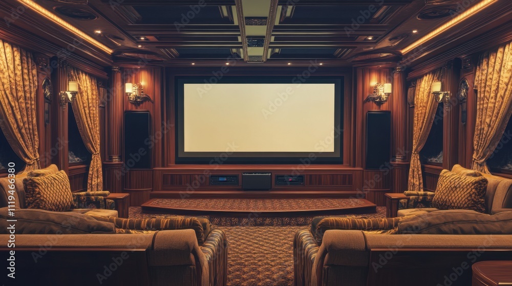 Fototapeta premium Spacious home cinema with a blank screen, patterned curtains, and carefully arranged seating.