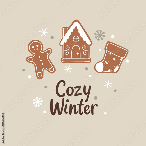 A cozy winter print vector with cartoon winter gingerbread cookies 