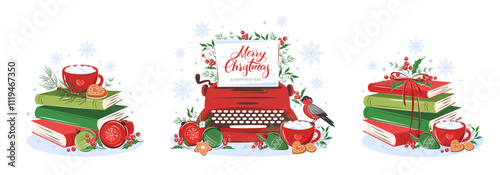 Books with winter decor. Set of reading elements for bookshop, library, bookstore or education. Vector illustration on white background for season banner, cover, advertising, sales.