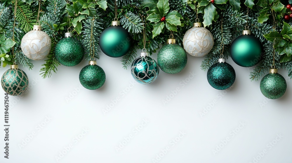 Christmas balls on strings of white and green colors, hung on a solid white background Christmas balls on strings of white and green colors, hung on a solid white background