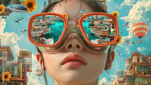 Asurrealscene with the face of an Asian womanin diving goggles placed on top,showcasingdetailed facial features and eyes, set againshouses photo