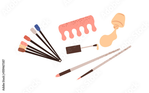 Manicure and pedicure tools set. Nail polish swatches, toe separator, varnish bottle, brushes, grooming accessories, beauty treatment kit. Flat vector illustration isolated on white background