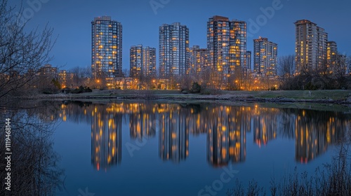 Tall buildings casting faint reflections on a calm river during a peaceful New Years night