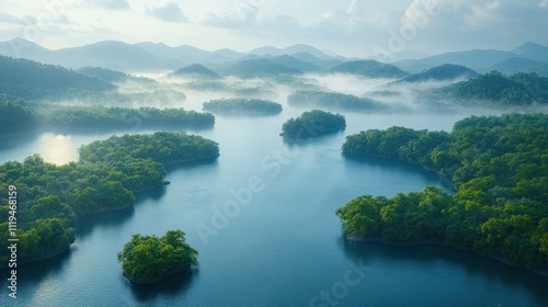 Misty morning over serene lake and lush green islands.