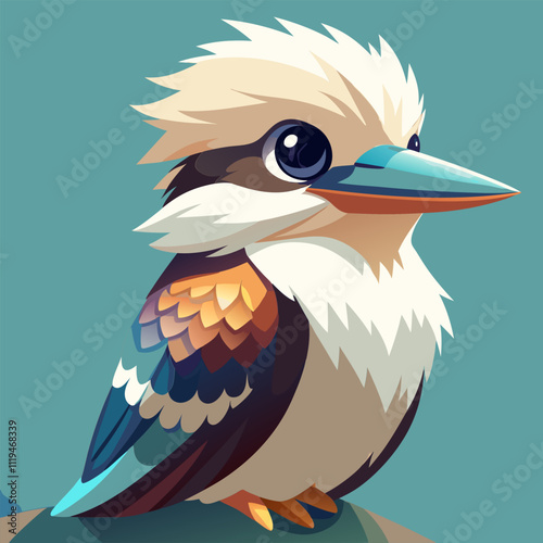 A colorful cartoon kookaburra perches on a branch.