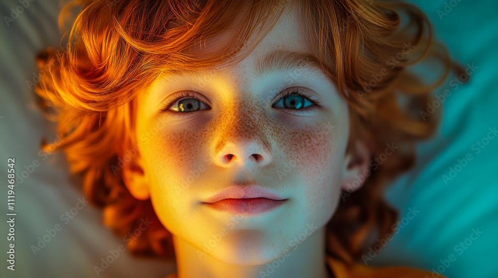 Freckled child relaxing indoors under soft evening light Freckled child relaxing indoors under soft evening light
