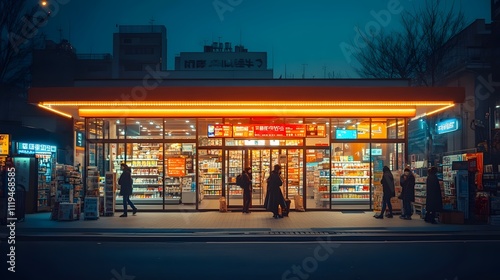 A group of people are standing outside a store with a neon sign photo