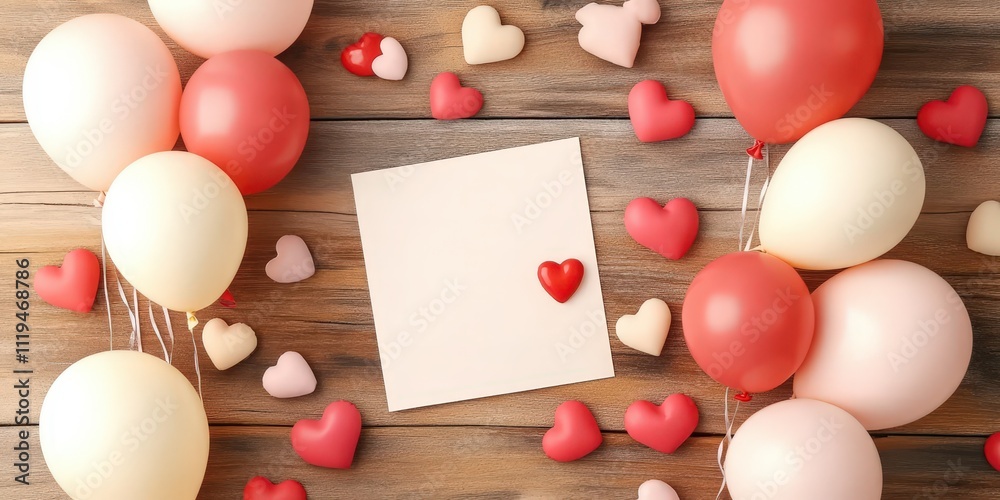 Obraz premium Charming Flat Lay Showcasing Various Shades of Pink Balloons and Hearts on a Wooden Table With a Blank Card for Celebrations