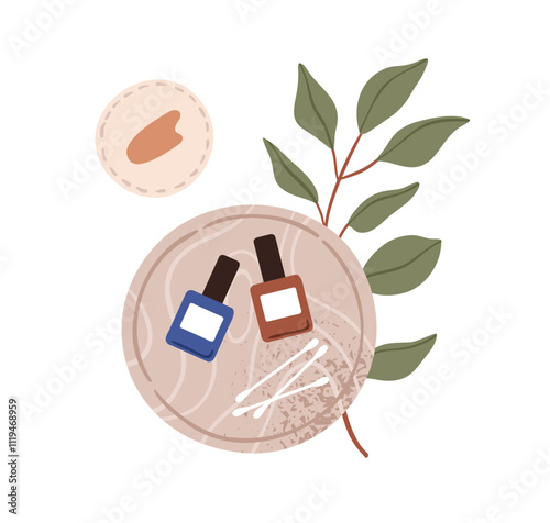 Nail polish bottles with cotton swabs and pads. Eco-friendly manicure and pedicure accessories, varnish and tools with green leaf branch, plant. Flat vector illustration isolated on white background