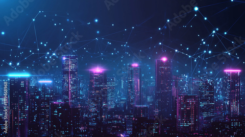 Cityscape with buildings and lights in the background. The city is lit up with orange and blue lights, giving it a futuristic and technological feel