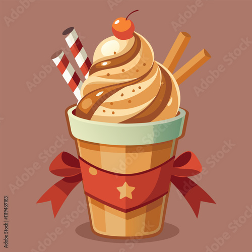 A delicious chocolate milkshake with whipped cream. a cherry. and two straws. tied with a red ribbon.