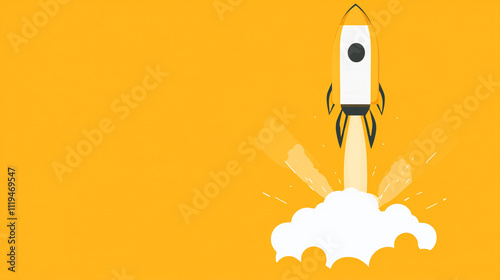 Rocket is flying through the air with a yellow background. The rocket is black and white and he is in the process of exploding. Concept of excitement and adventure, as well as the power