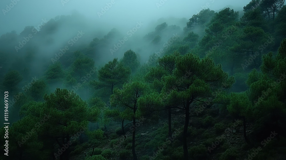 Fototapeta premium Misty mountain forest at dawn.