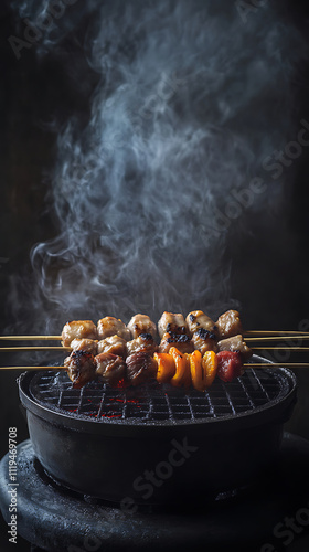 Steaming hot Yakitori skewers with various cuts, including chicken thigh, heart, and live