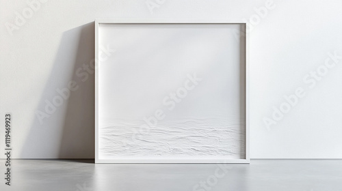 Large white frame sits on a wooden floor in a room with a window. The frame is empty, and the room is bright and airy. The empty frame suggests a sense of potential or possibility