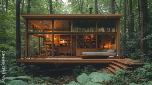 A small house with a bed and a desk