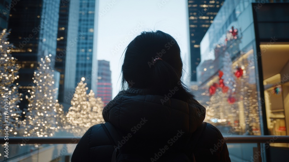 The silhouette of a lone person gazing at the city tall buildings under the soft glow of a New Years night. The silhouette of a lone person gazing at the city tall buildings under the soft glow of a New Years night.