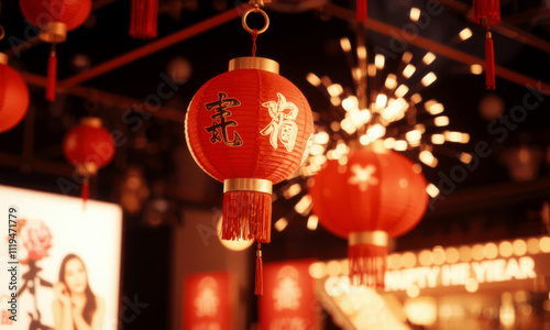 Red lanterns illuminate festive atmosphere, celebrating Lunar New Year with vibrant decorations and joyful energy. scene captures essence of cultural celebration photo