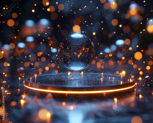 Futuristic Circular Glass Podium with Floating Glowing Orbs against Dark Sci Fi Background for Product Display Concept