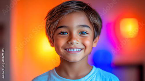 Smiling young boy with brown hair in a colorful room during daytime