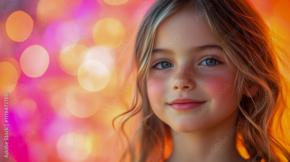 Smiling young girl with freckles and wavy hair against colorful lights Smiling young girl with freckles and wavy hair against colorful lights