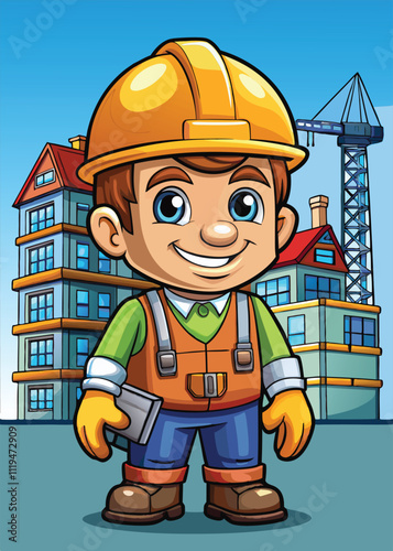 A happy construction worker smiles while standing near a building.