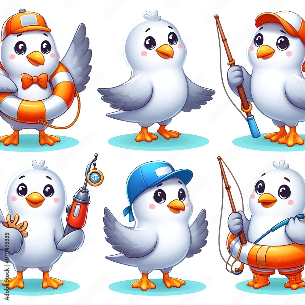 Fototapeta premium Cute playful seagull cartoon characters in different poses. White seabird with purple wings wearing yellow life ring, fishing with rod, dressed in orange .. (4)_Nero AI_Photo