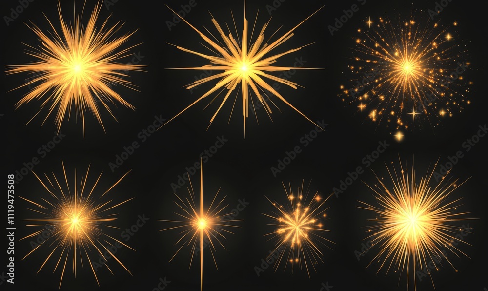 Set of minimalistic fireworks and stars on black background Set of minimalistic fireworks and stars on black background