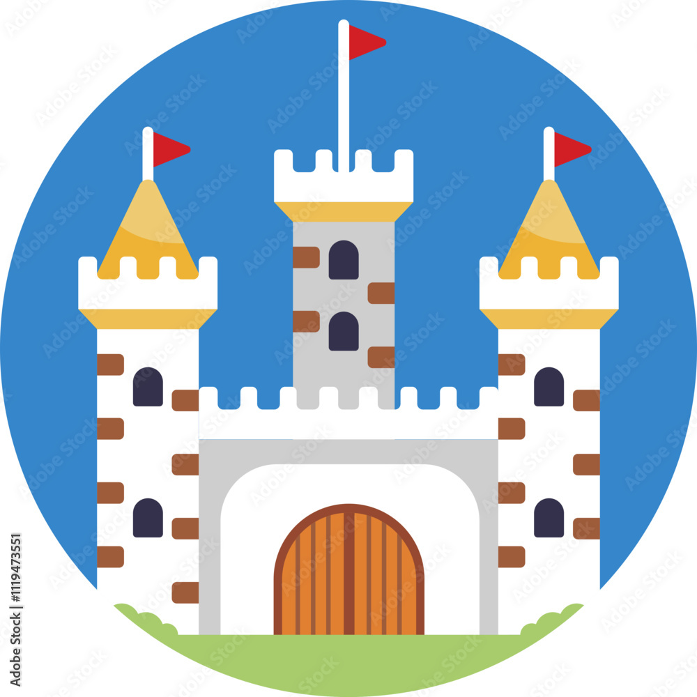 A grand, towering castle with turrets that pierce the sky, surrounded by a shimmering magical aura. 
