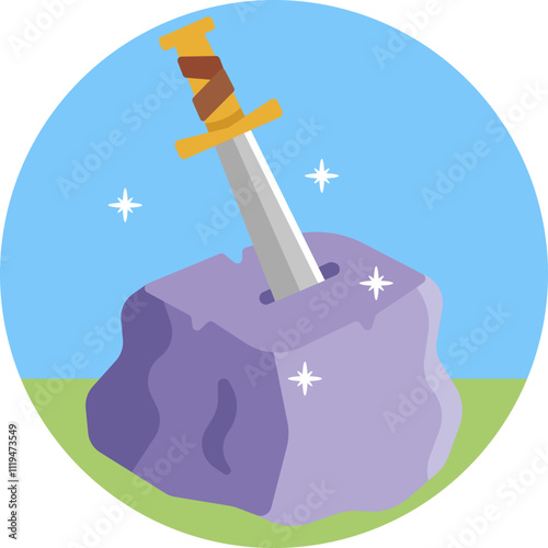 A sword embedded in a mystical stone, its blade glowing faintly as if waiting for a worthy hero to wield it.