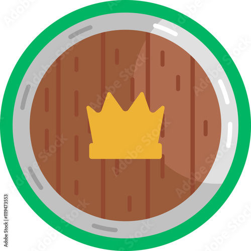 A round wooden shield adorned with a golden crown at its center, symbolizing royal protection and honor.