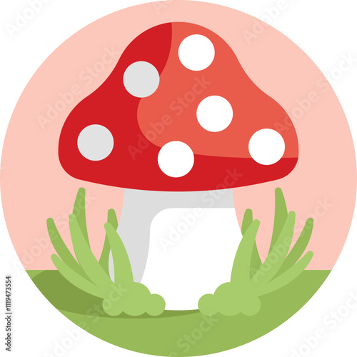 A whimsical, brightly colored mushroom with a tall, slender stalk and a wide, spotted cap.