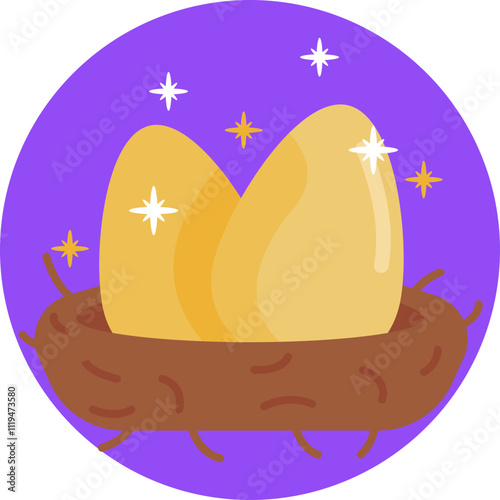 A pair of shimmering, golden eggs nestled together in a cozy nest of soft moss.