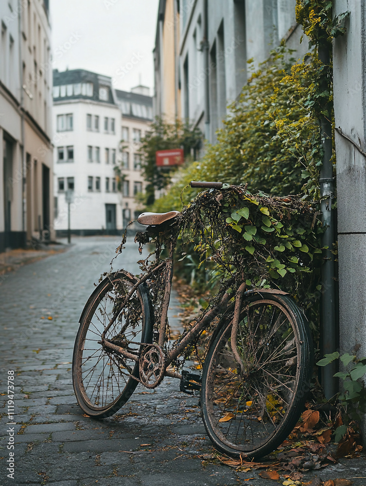 nature takes back abandoned bicycle in empty urban area overgworn ivy in streets vine covers a bike nature takes back abandoned bicycle in empty urban area overgworn ivy in streets vine covers a bike