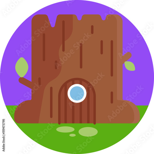 A whimsical stump house, its rounded wooden walls resembling the base of a giant tree.