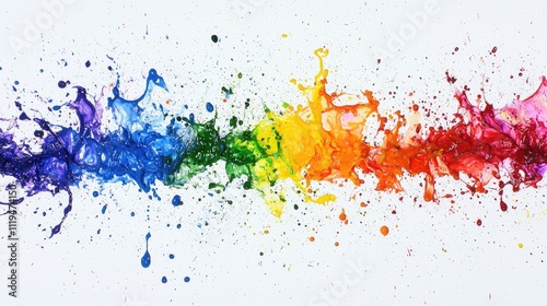 Exploding liquid paint in rainbow colors with splashes on white background