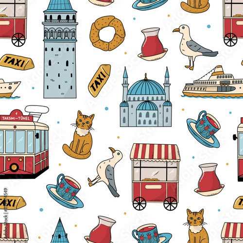 Istanbul themed doodles, cartoon elements seamless pattern for packaging, textile prints, wallpaper, backgrounds, wrapping paper, etc. EPS 10