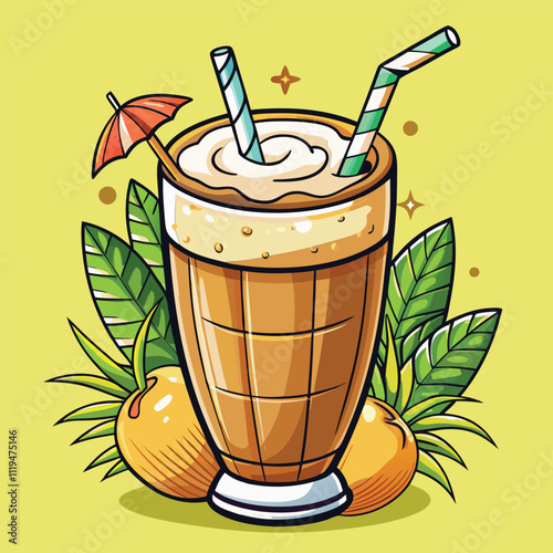 Refreshing mango milkshake with tropical leaves and an umbrella.