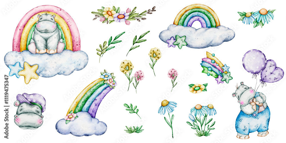 Fototapeta premium Hand painted watercolour set elements «Dreamy Hippo Garden: a celestial elements Collection»