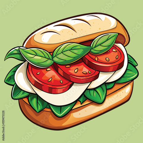 A delicious sandwich with tomato. mozzarella. and basil.