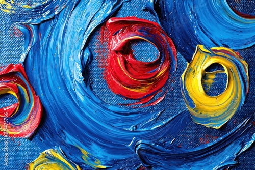 An expressive abstract artwork featuring vibrant blue, red, and yellow paint swirls on a textured background.