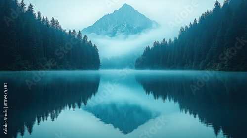 Misty mountain lake reflection.