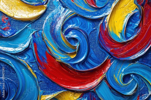 An expressive abstract artwork featuring vibrant blue, red, and yellow paint swirls on a textured background.