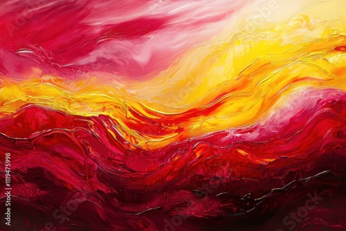 An expressive abstract painting featuring bold waves red and yellow, capturing dynamic energy and movement.