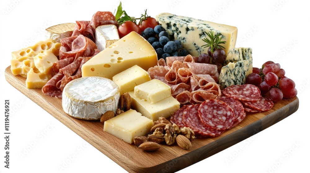 Generate an image of a cheese and charcuterie board, lens angle 0°, photo realistic, highlighting the textures of the cheeses and meats, png style, isolated image, front view Generate an image of a cheese and charcuterie board, lens angle 0°, photo realistic, highlighting the textures of the cheeses and meats, png style, isolated image, front view