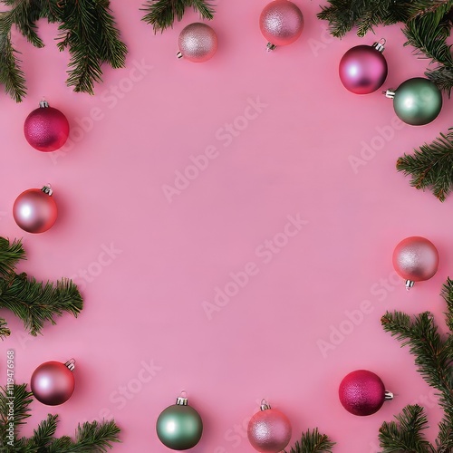 Composizione natalizia con rami di pino e palline decorative in tonalità rosa e verde disposte su uno sfondo rosa. Spazio centrale vuoto, perfetto per aggiungere testo o design grafici festivi photo