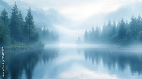 Misty mountain lake with tranquil reflection.