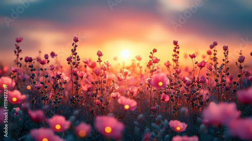 Enchanted Sunset – A Field of Flowers Illuminated at Blue Hour