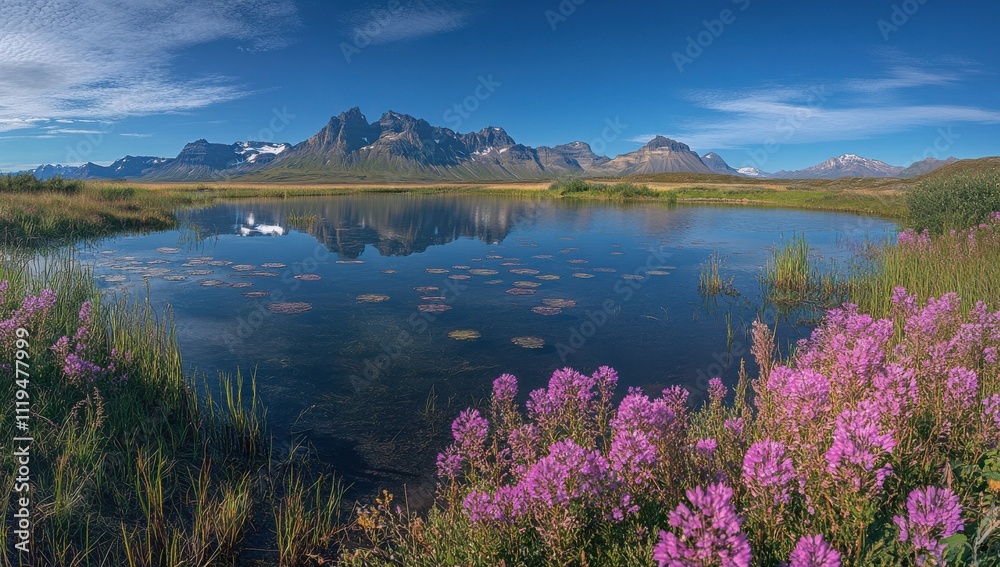Naklejka premium Breathtaking Landscape of Tranquil Mountain Lake Surrounded by Vivid Wildflowers and Majestic Peaks Under a Clear Blue Sky