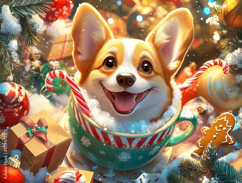 Adorable Corgi Puppy in a Christmas Mug Surrounded by Festive Decorations photo